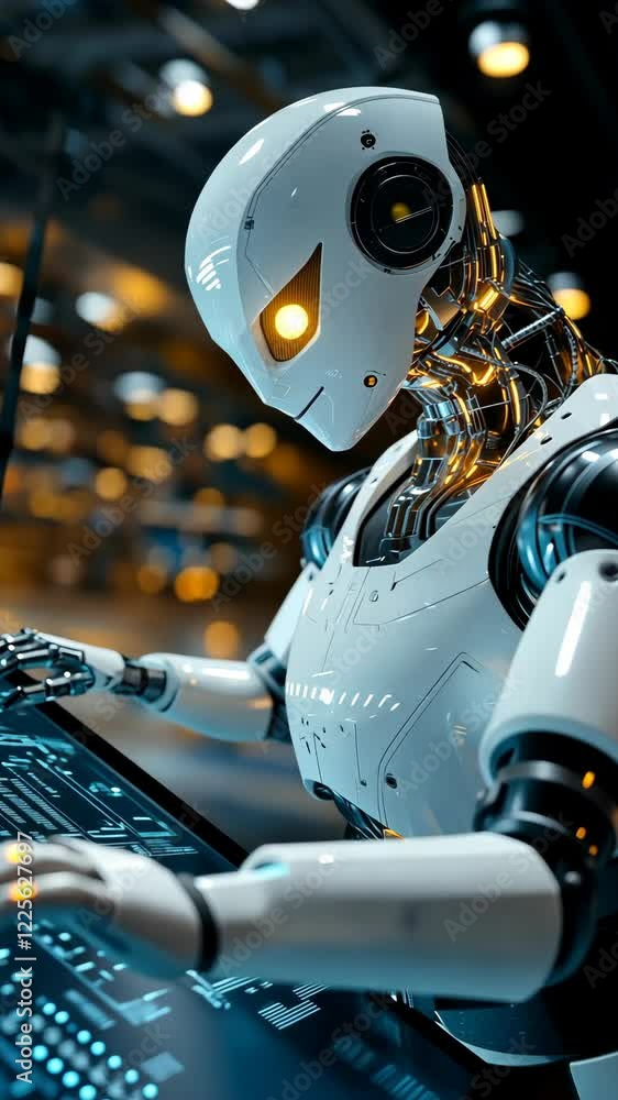 Poster advanced robotic technology in a futuristic workspace with glowing components at nighttime