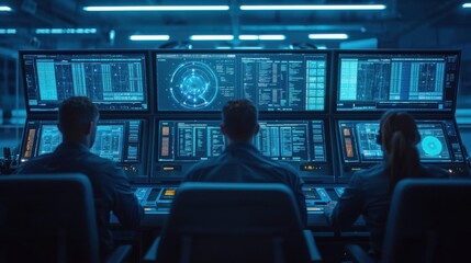 SpaceX engineers in a high-tech control center monitoring satellite operations, multiple holographic displays showing real-time telemetry data, futuristic blue lighting illuminating the space,