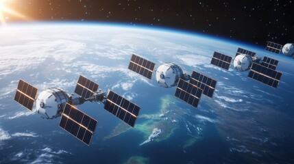 SpaceX satellite constellation in low Earth orbit, multiple satellites arranged in precise formation, their solar panels reflecting sunlight, intricate surface details visible, Earthâ€™s atmosphere