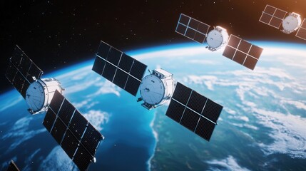 SpaceX satellite constellation in low Earth orbit, multiple satellites arranged in precise formation, their solar panels reflecting sunlight, intricate surface details visible, Earthâ€™s atmosphere