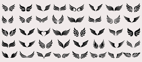 Set of black wings icons. Wings badges. Collection wings badges. Vector illustration.
