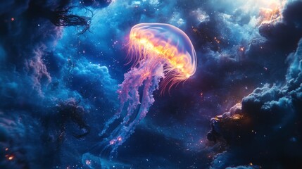 Fototapeta premium Luminous Jellyfish Swims Through Cosmic Nebula