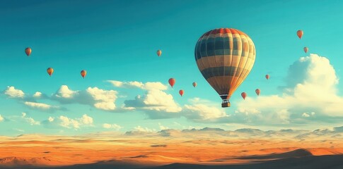Fototapeta premium Hot Air Balloons Soaring Over a Vast Desert Landscape