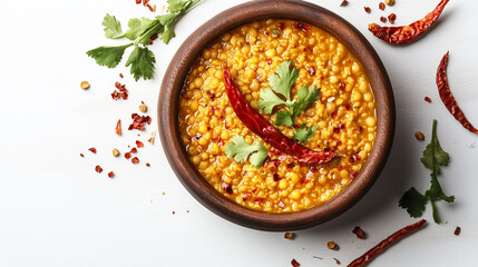 Indian traditional food Mung Dal Tadka Curry served on wooden bowl. Also called Dal Tadka Curry, Dal Sambar, Dal khichadi or Khichdi. Tasty Indian recipe made of yellow moong beans. Generative AI