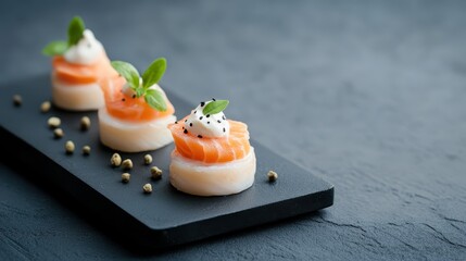Black plate with salmon piece and gourmet appetizer presentation on wooden table