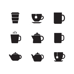 coffee mug tea cup and kettle pot icon collection set silhouette vector flat design element