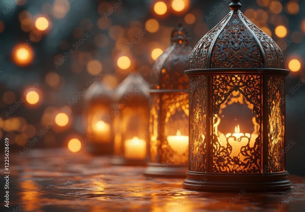 Poster elegant decorative lanterns casting warm light in a dreamy atmosphere with a beautiful bokeh effect 