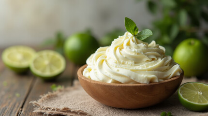 Lime Cream Dessert in a Wooden Bowl with Fresh Limes on a Rustic Wooden Table in Soft Natural Light