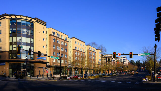 Bothell, WA, USA - January 26, 2025; Modern downtown Bothell at redeveloped intersection Bothell Way NE and Main Street