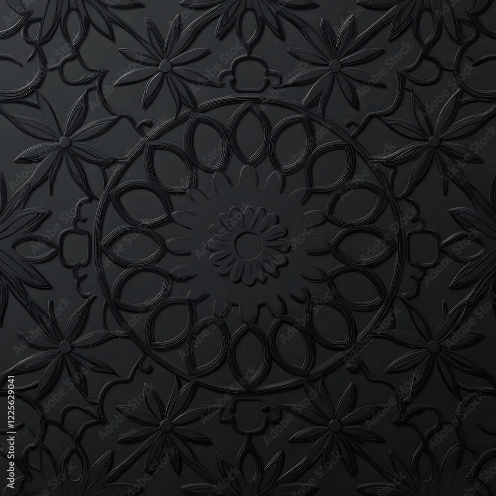 Poster elegant floral pattern in muted black tones featuring intricate details and bold shapes, creating a 