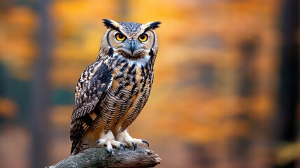 Obraz premium Close view of a majestic owl resting on a stone surface surrounded by colorful autumn leaves in a tranquil environment