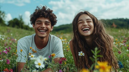 Happy couple laughing in a wildflower meadow