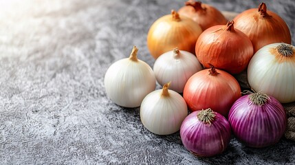 variety of onions including red, white, and yellow onions placed on a rustic kitchen table, ready for cooking. Onion, Food made from onion 