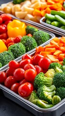Colorful Assortment of Fresh Vegetables Ready for Cooking: Vibrant Broccoli, Carrots, Tomatoes, and Peppers in Metal Containers