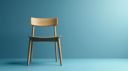 Wooden chair, blue wall, empty room, minimalist interior design, website background