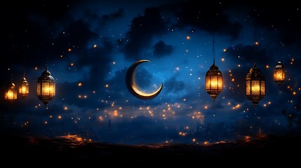 Ramadan Night Scene with Crescent Moon and Lanterns