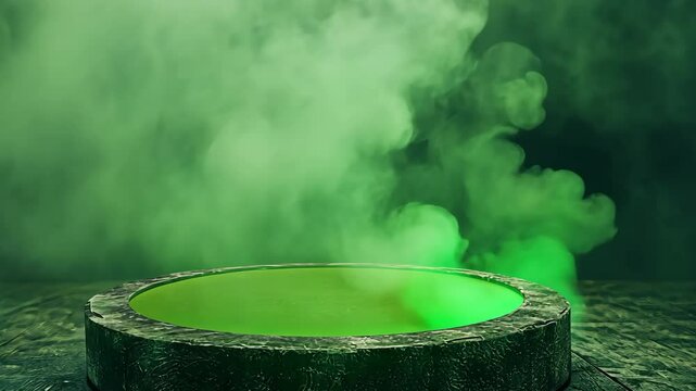 Round stone cauldron with green liquid surrounded by green fog on a wooden surface, Mysterious fantasy atmosphere with copy space, Magic and potion brewing concept for design and print