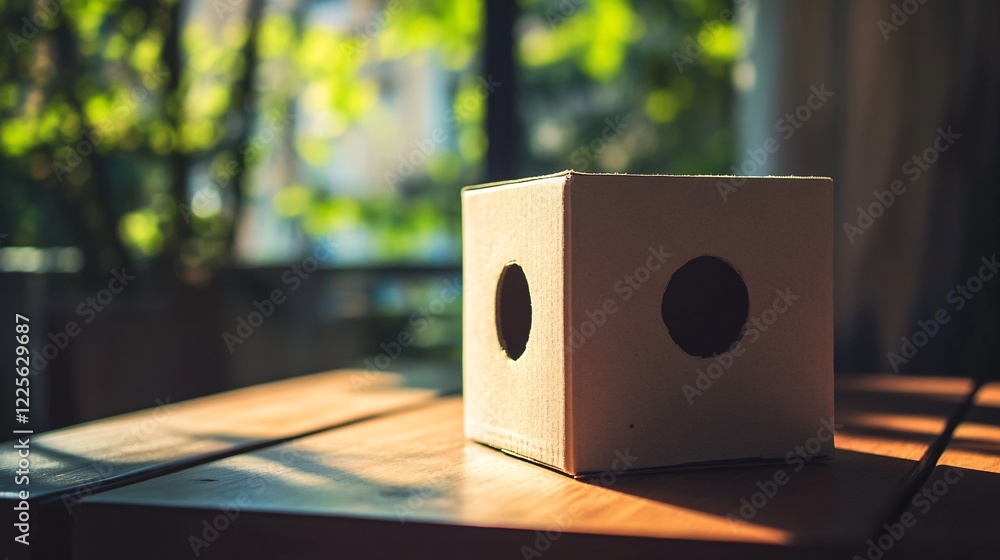 Poster sunlight shining through the window onto a wooden table where a cardboard box is sitting