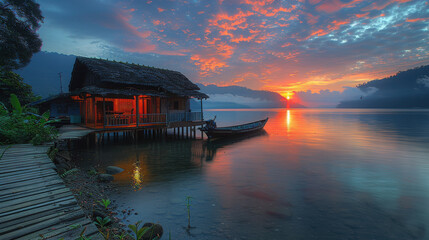 Fototapeta premium The result is a mesmerizing view of a fishing village, captured through a lens that maximizes the beauty of nature and traditional aspects.