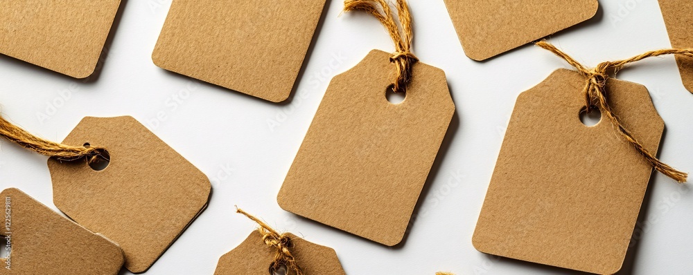 Poster Many brown paper labels with string are laying on a white background