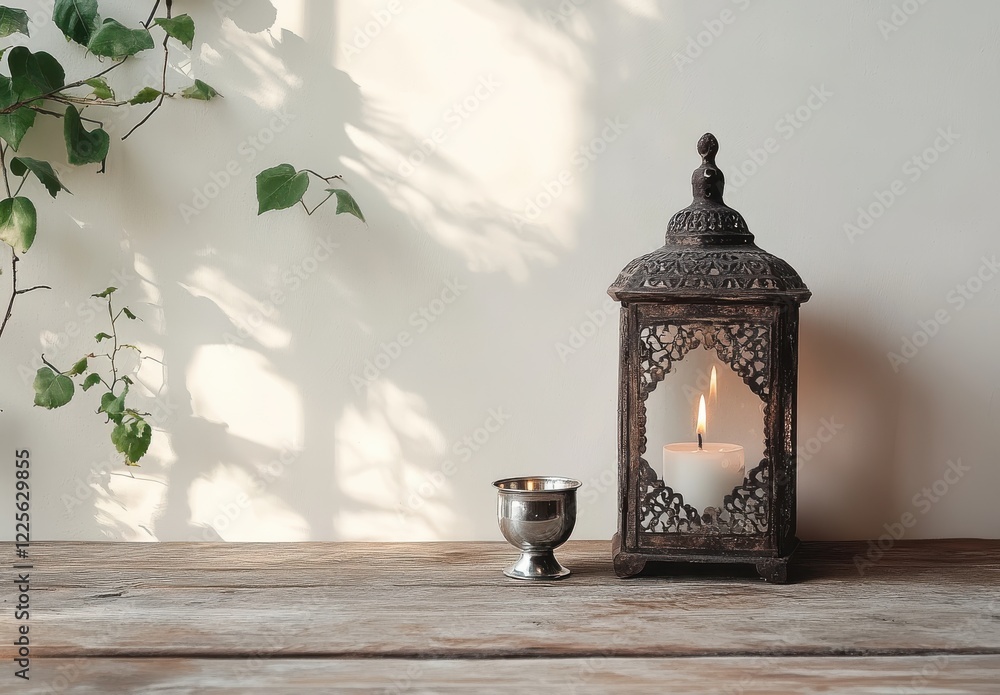 Poster elegant lantern casting soft shadows with a lit candle and a silver cup on a rustic wooden table in 