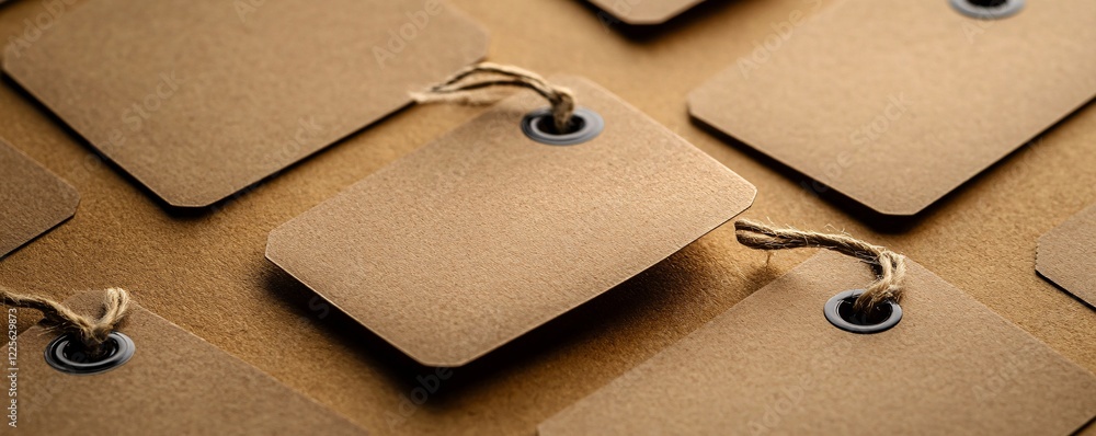 Poster Multiple blank brown cardboard labels with string and black eyelets are placed on a brown paper, forming a textured backdrop