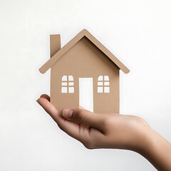 Hand holding paper house on white background