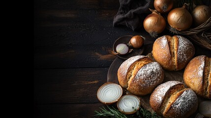 Obraz premium set of freshly baked onion bread rolls on a rustic wooden table, highlighting the use of onions as an ingredient in baked goods. Onion, Food made from onion 