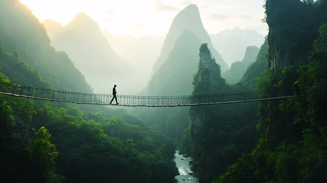 Fototapeta A Solitary Figure on a Precarious Bridge Amidst Lush Mountains