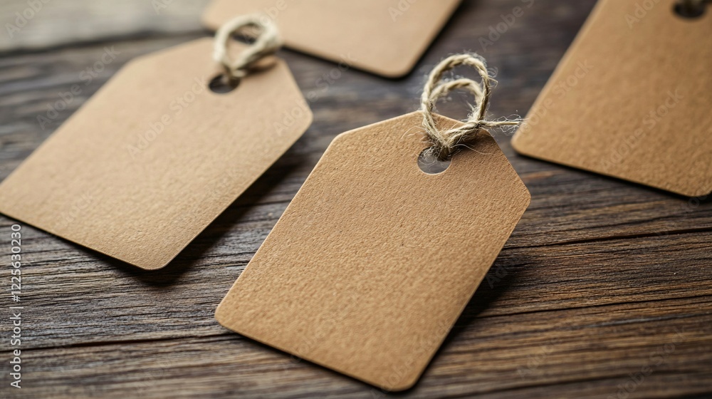 Poster Several blank cardboard price tags with string are laying on a rustic wooden table