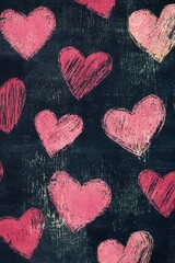 A seamless pattern of chalk-style hearts on a dark textured background