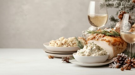 Plate of gourmet holiday food with wine on a wooden table ready for festive celebration