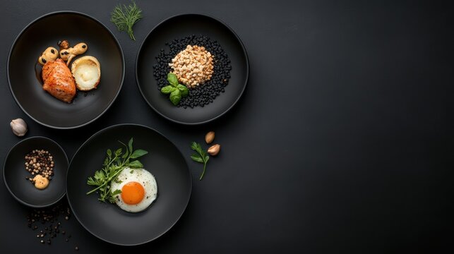 Three black bowls filled with gourmet fusion dishes on a wooden table for food presentation