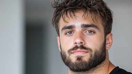 Obraz premium Young man portrait, serious expression, indoors, blurred background, profile picture
