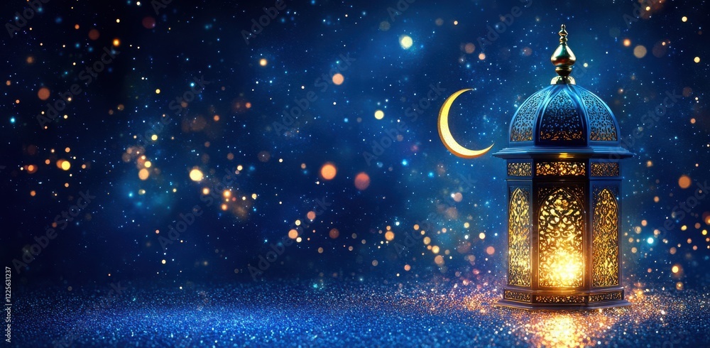 Poster elegant lantern with intricate design illuminated against a starry night sky with glittering bokeh e