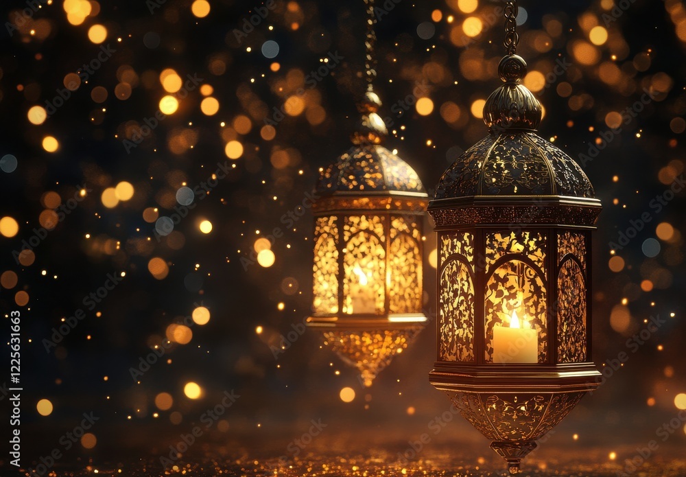 Poster elegant lanterns glowing softly with warm candlelight against a backdrop of shimmering golden bokeh 