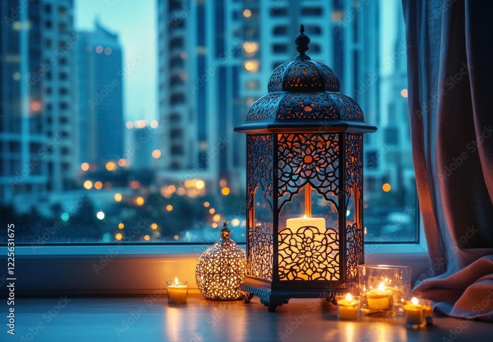 Poster elegant lantern with warm light beside window on cityscape background at dusk, creating a cozy and i