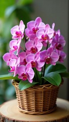 Wicker basket with an abundance of small orchids, floral arrangement, wicker basket,