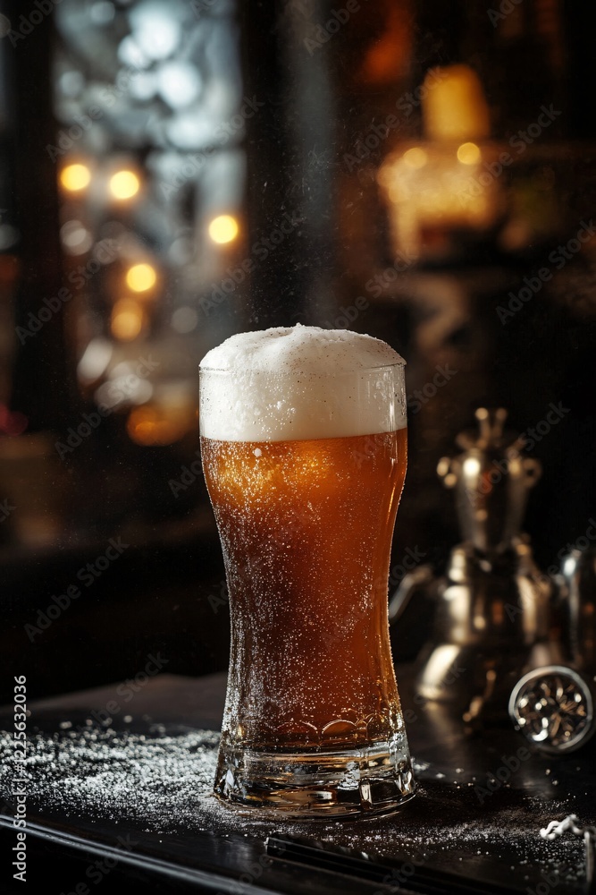 Poster frosty beer glass sits on a bar with sparkling lights in the background