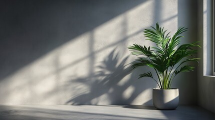 Minimalist interior with empty space, gray wall, and concrete floor. A green plant in a modern pot is on the right side, illuminated by sunlight from the window. 