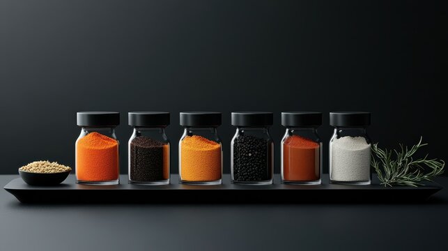 Tray with various spices and ingredients for gourmet sauce preparation in a kitchen