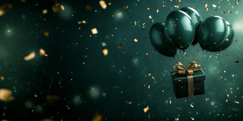 Dark green flying present with foil balloons against golden confetti explosion. Happy birthday greeting card banner background with copy space.