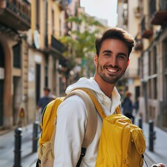 Fototapeta premium Portrait of smiling young man with yellow backpack on E-Scooter in the city, Barcelona, Spain