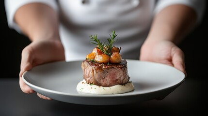 Person holding a plate of gourmet steak with accompaniments on a dining table