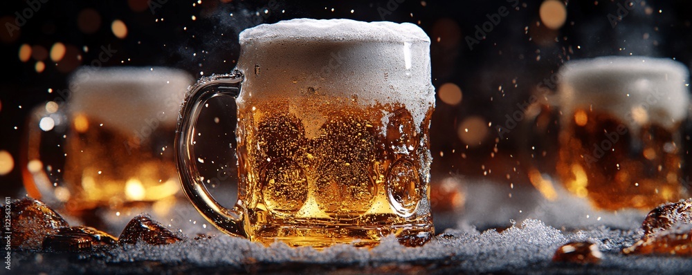 Aufkleber frosty mug of beer is surrounded by ice and water drops against a dark background with sparkling bok