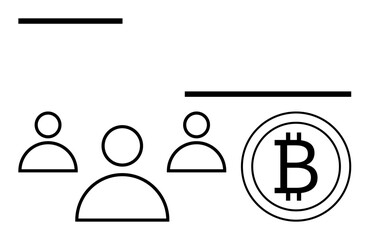 People icons linked to Bitcoin symbol with simple lines emphasizing digital currency and networking. Ideal for blockchain concepts, fintech, investing, online transactions, crypto economy, modern