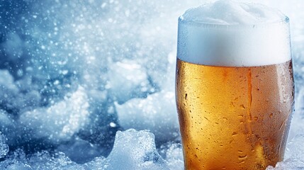 Cold beer with condensation is resting on a bed of ice