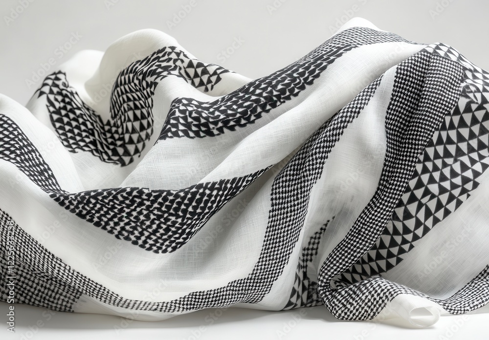 Poster elegant silk scarf with intricate black and white geometric patterns draped softly on a smooth surfa