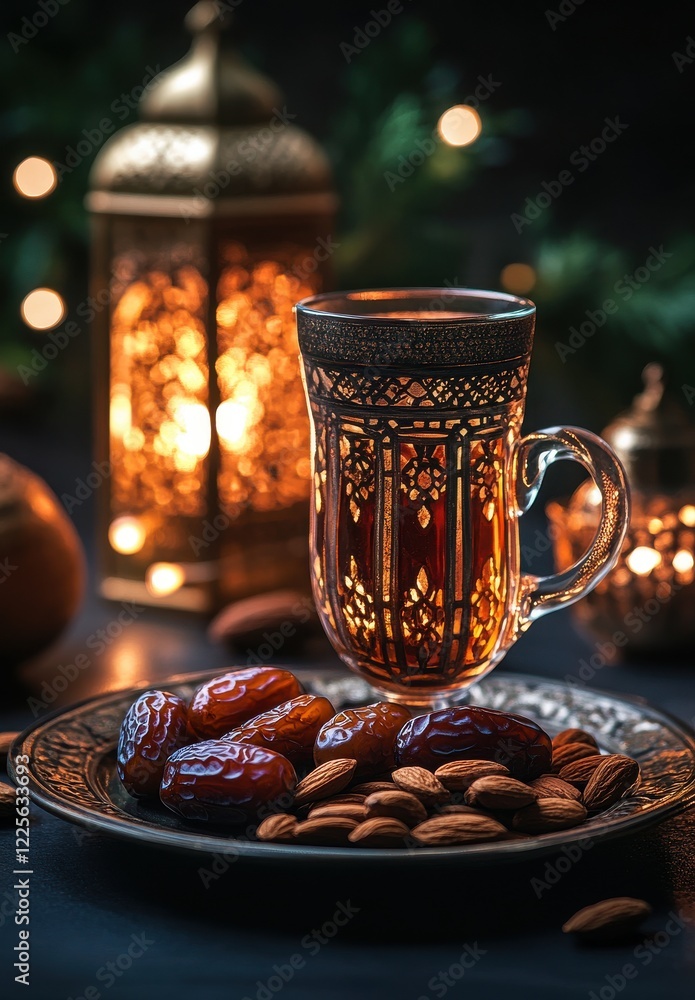 Poster elegant tea glass with intricate design beside dates and almonds with lantern glowing softly in back