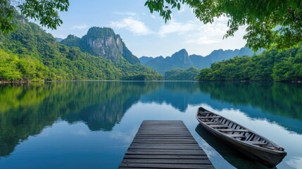 Obraz premium A wooden pier stretches over crystal-clear water, framed by vibrant green trees and majestic mountains under a bright blue sky, creating a peaceful escape in nature
